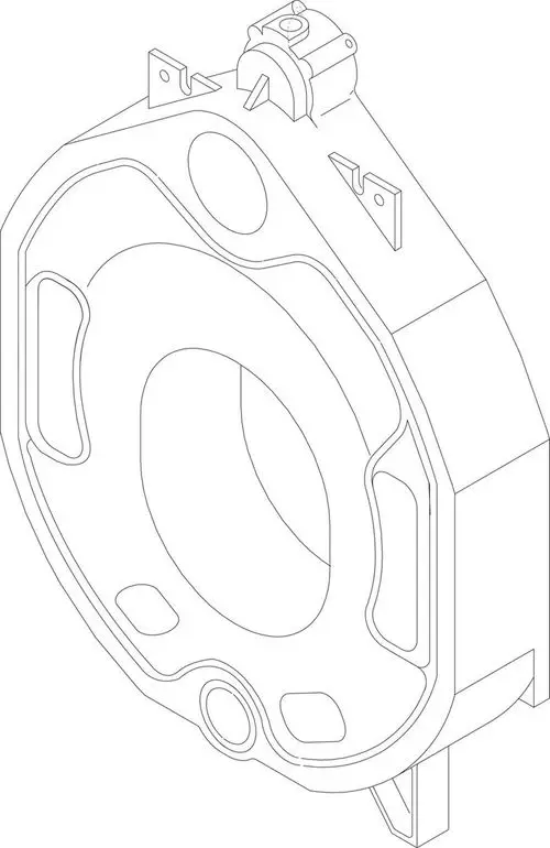 Skizze eines Bauteils, das vermutlich zu einem Bosch-Produkt gehört, mit einem runden Ausschnitt in der Mitte und unterschiedlichen Konturen und Öffnungen an den Rändern.